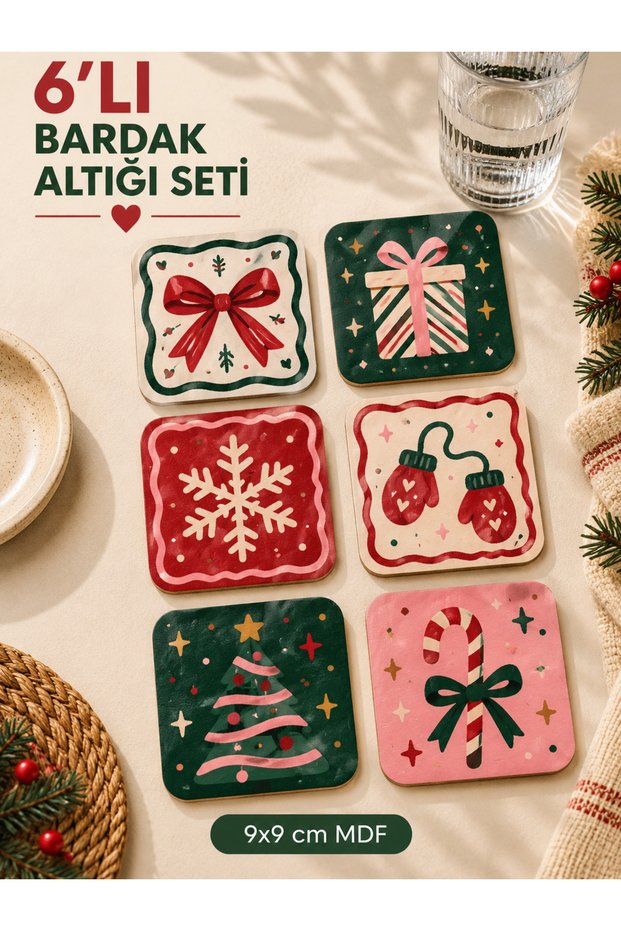 Set of 6 New Year's Themed Mdf Coasters 9X9 cm Decorative Coasters