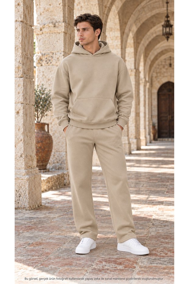 Men's Basic Hooded Tracksuit Set - Draped Comfortable Fit Sweatshirt with Kangaroo Pockets and Sweatpants Combination Set