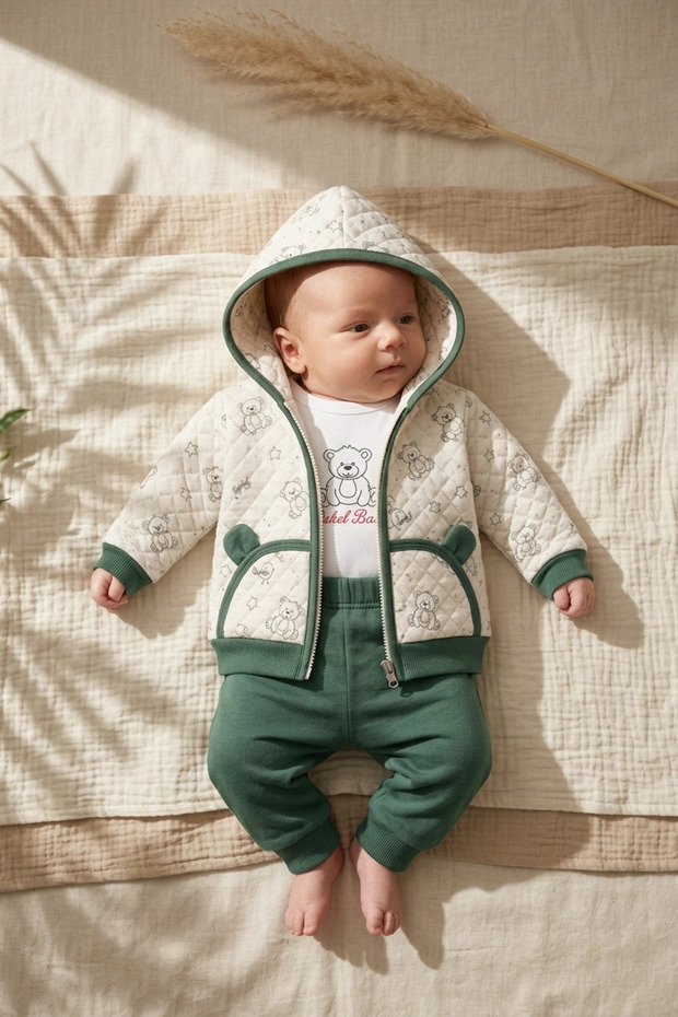 Baby Teddy Bear Hooded Quilted Jacket, Cotton Padded Bodysuit and Ribbed Bottom Tracksuit 3-Piece Combination Set - Ek