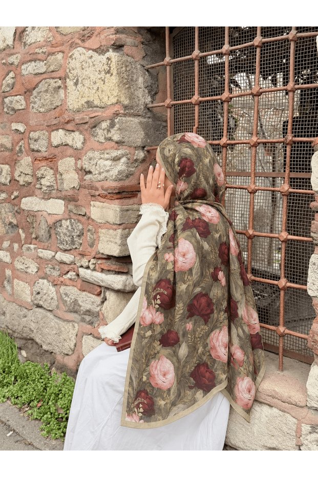 Modal Silk Rose Pattern Shawl - Olive Green & Chestnut