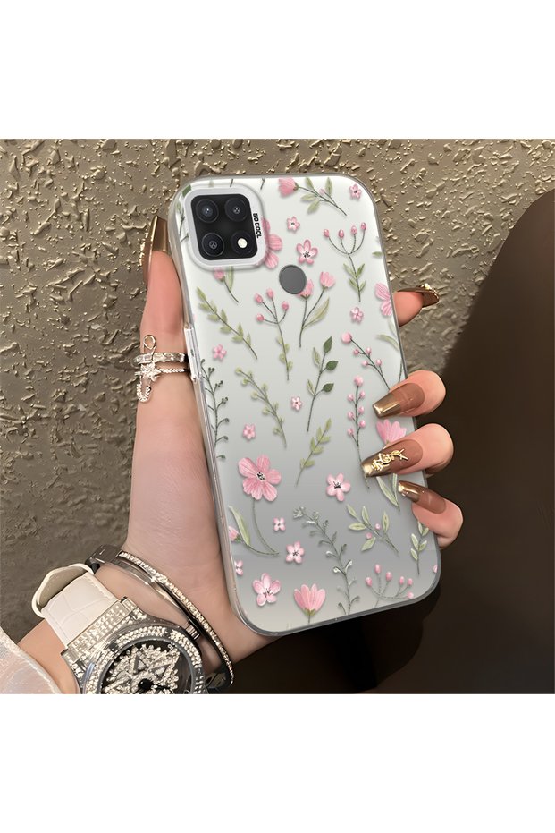 Oppo A15/A15S Compatible Pink Branch Flower Case, Shockproof Silicone, Stylish