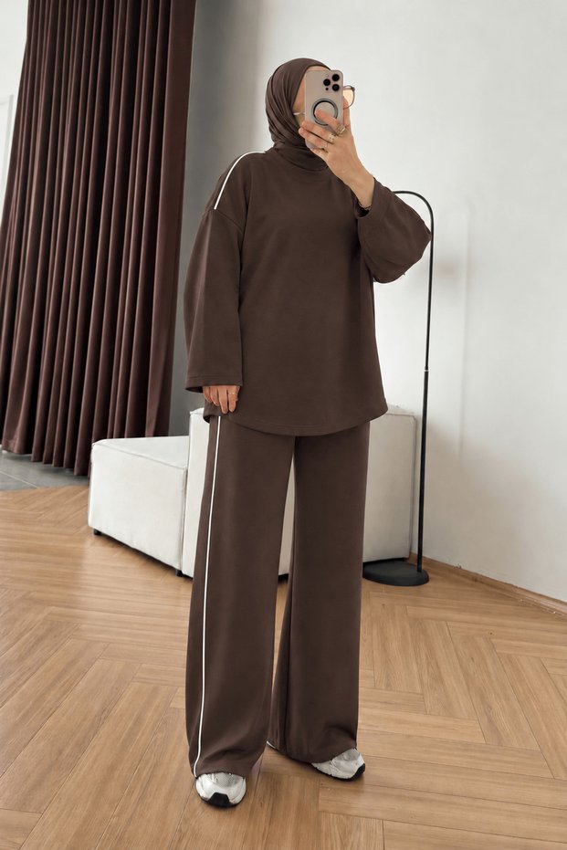Striped Detailed Trouser Suit -2483 - Bitter Brown (Os)