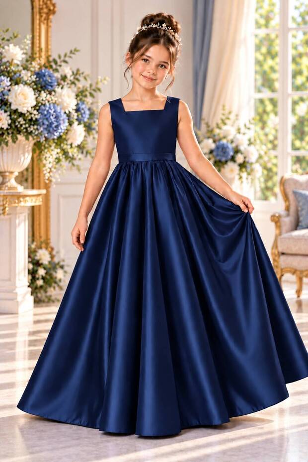 Girl's Square Neck Long Satin Gathered Model Ball Gown Graduation Birthday Dress