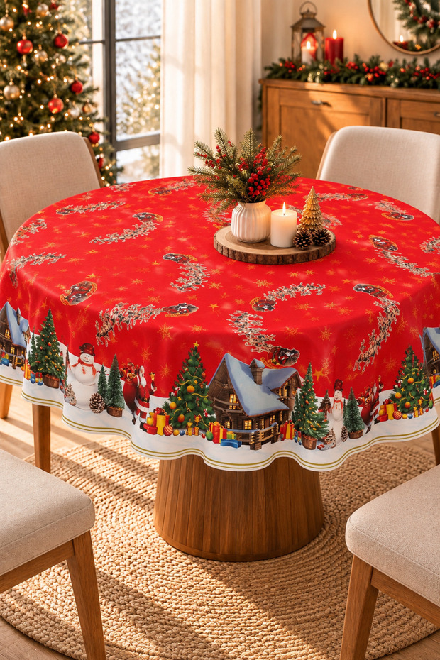 Liquid-Proof Oilcloth Round Christmas New Year Tablecloth | Stain-Resistant, Easy-To-Clean Pvc Tablecloth