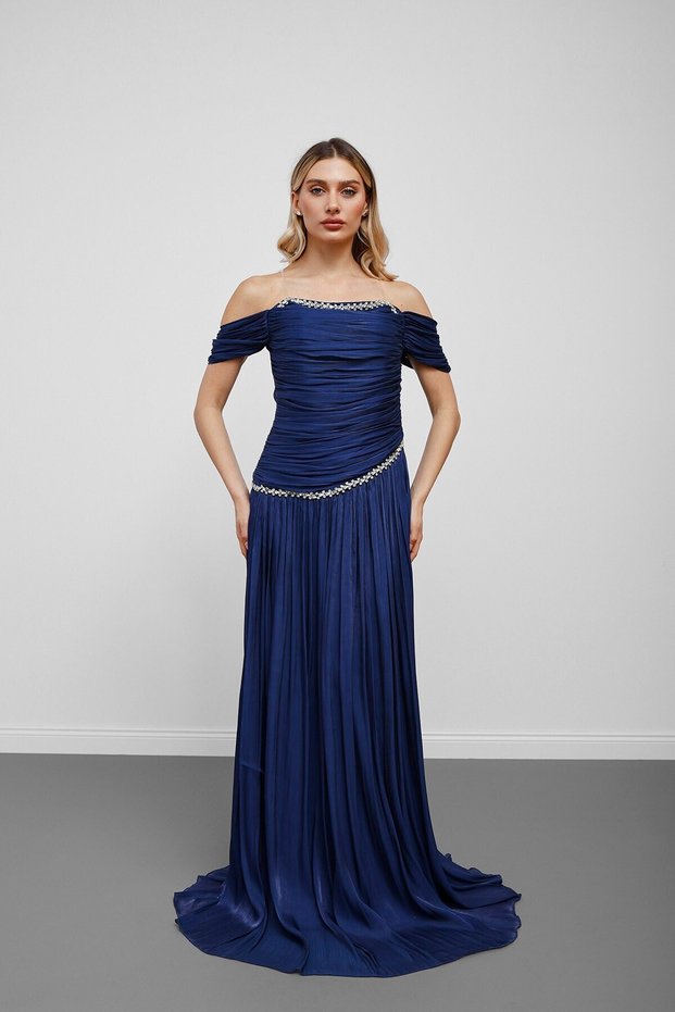 Navy blue strapless boat neck stone embellished asymmetrical evening dress