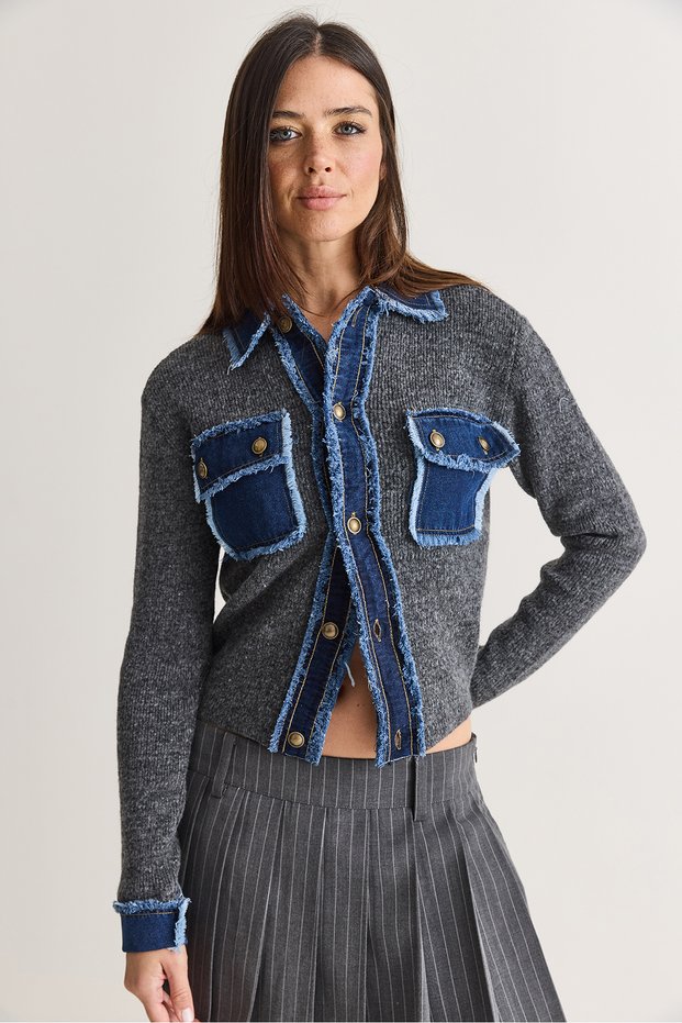 Women's Anthracite Denim Detailed Pocketed Buttoned Polo Collar Knitwear Cardigan Th261095 60286724