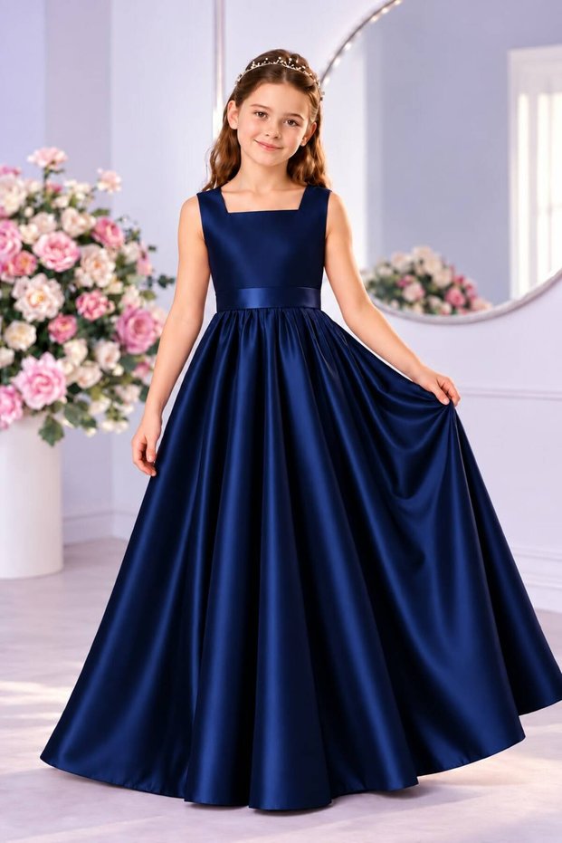 Girl's Square Neck Long Satin Gathered Model Ball Gown Graduation Birthday Dress