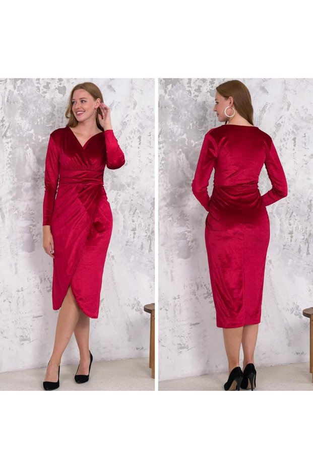 Women's velvet fabric v neck long sleeve midi length dress