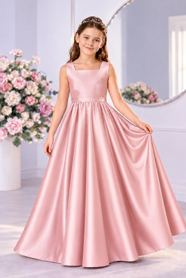 Girl's Square Neck Long Satin Gathered Model Ball Gown Graduation Birthday Dress