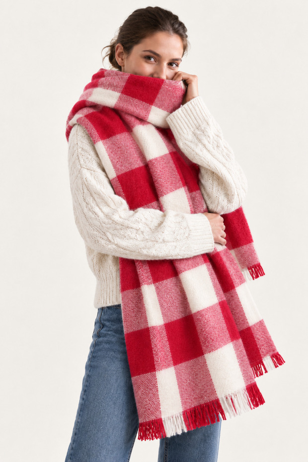 Women's Red Ecru Plaid Oversized Shawl 180X65 cm Soft Textured Short Tassel Winter Shawl Scarf – Shoulder Shawl