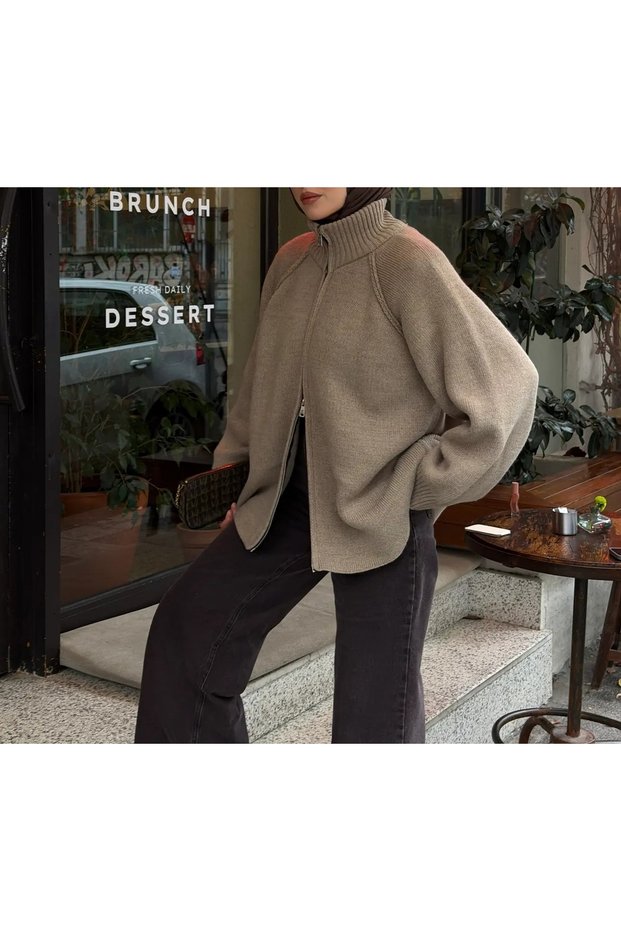 High Collar Zippered Oversize Knitwear Cardigan - 26070 - Mink (Os)