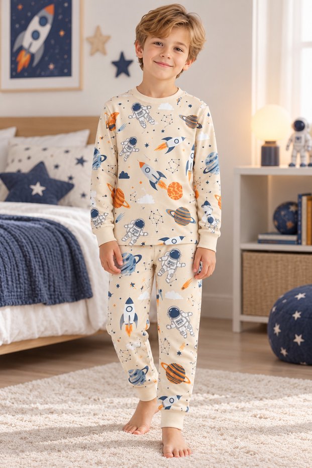 100% Cotton Boy Astronaut Patterned Long Sleeve Pajama Set