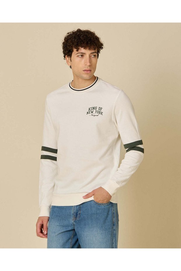 Men White Printed Crew Neck Sweatshirt