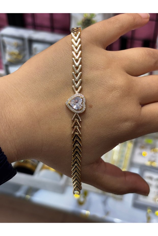 Gold Detailed Zircon Stone Herringbone Chain Bracelet - Stylish Gift Bracelet