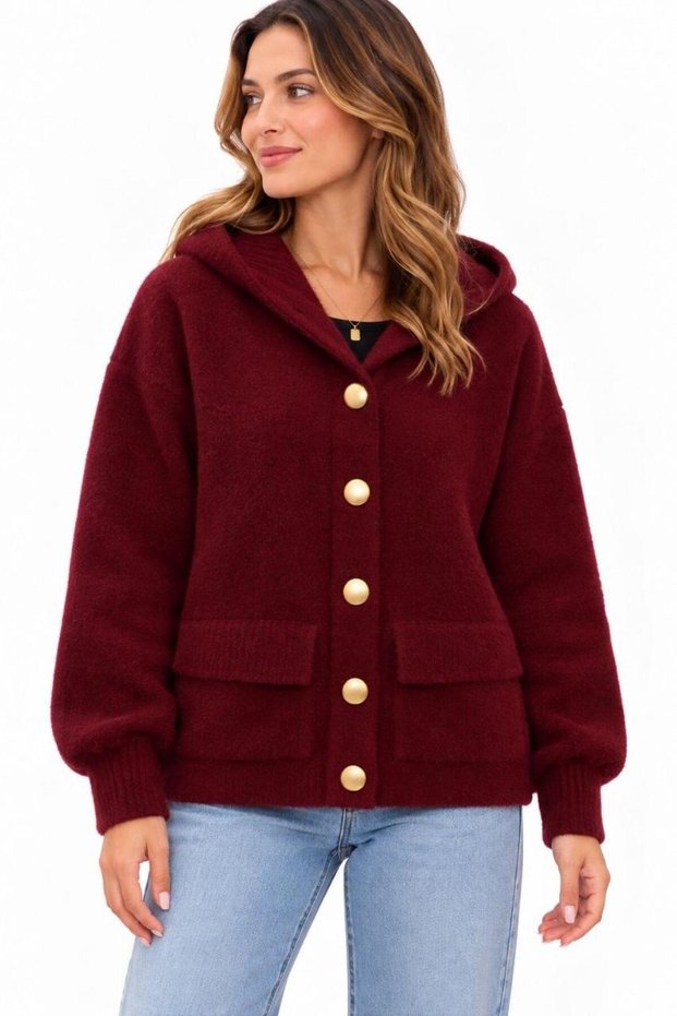 New Season Women's Hooded Gold Buttoned Pocketed Soft Textured Lightweight Wool Look Knitwear Cardigan