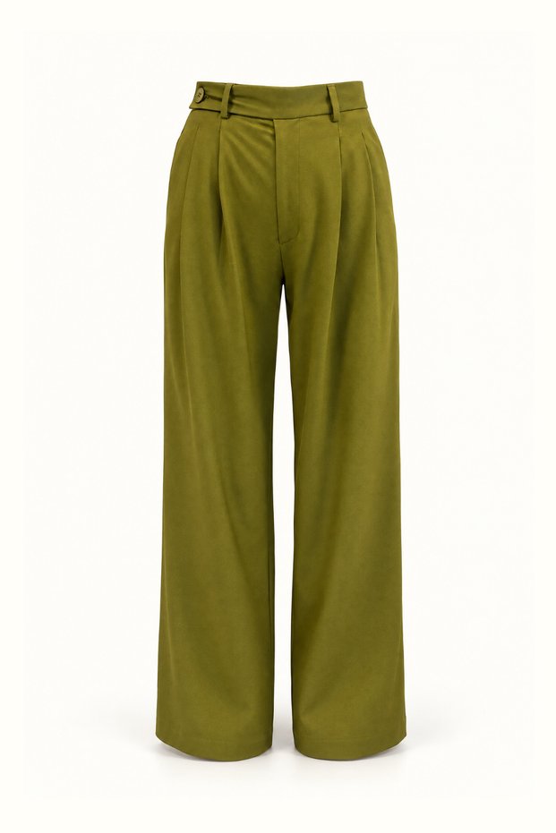 Buttoned Pleated Olive Green Palazzo Trousers