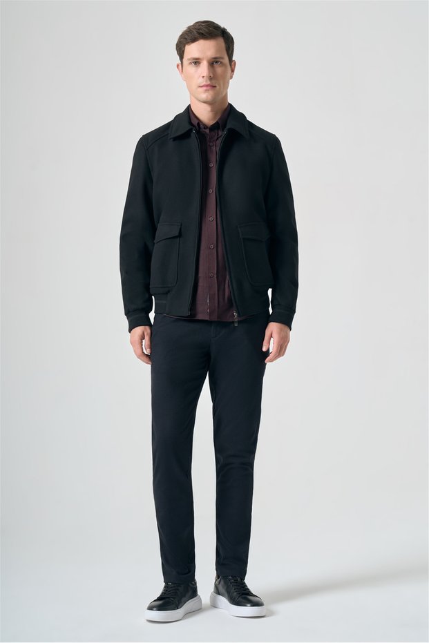 Black Shirt Collar Cashmere Slim Fit Flexible Coat 1007265122