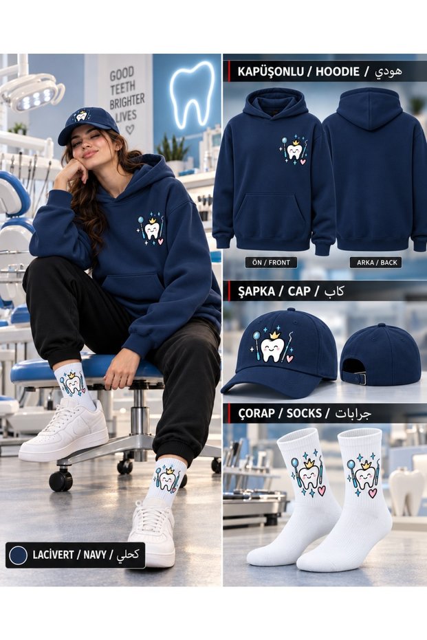 Hooded Oversize Sweatshirt Navy Blue Unisex Set of 3 Hat and Socks