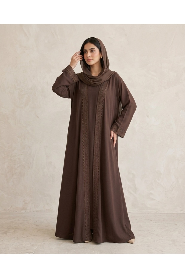 Coffee 3-Piece Abaya Set for Women with Lace Border, Inner & Hijab