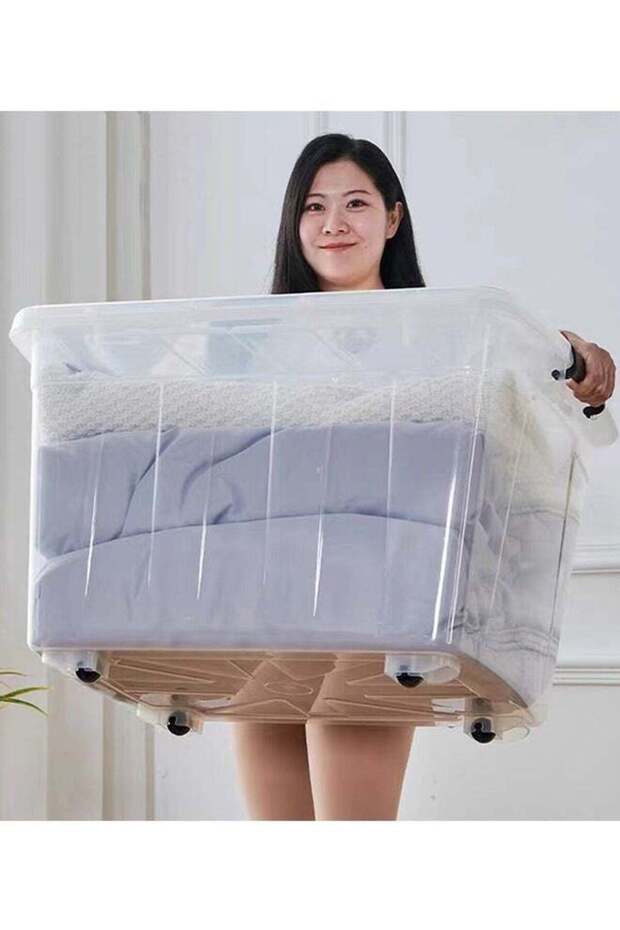 CityRiya-Long Clear Storage Box with Wheels 100L 61cm*42.5cm*35cm Plastic Storage Bin Large Clear St