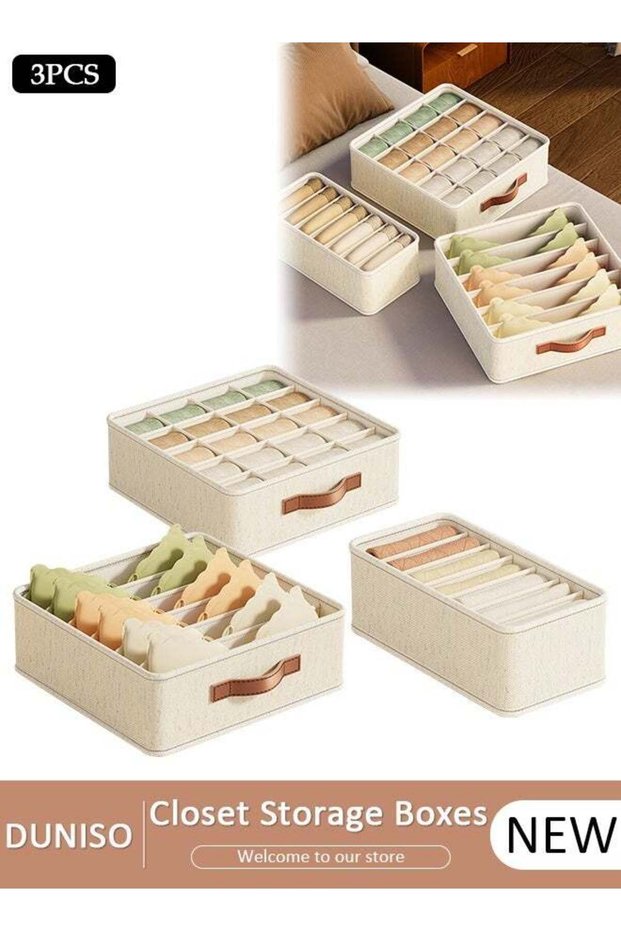 DUNISO 3pcs Wardrobe Clothes Organizer Sock Underwear Drawer Organizer Dividers Cell Foldable Linen