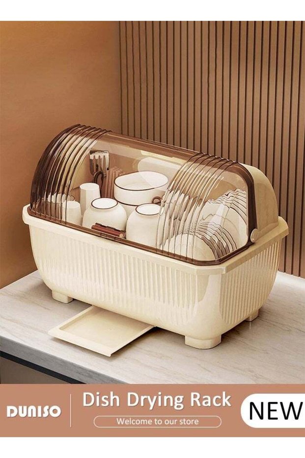 DUNISO Dish Drying Rack with Lid, Large Dish Rack for Kitchen Cabinets, Plastic Dish Drainer with Dr