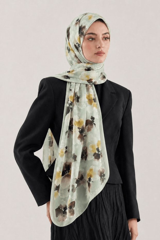 Violet Flower Patterned Soft Shawl - Water Green