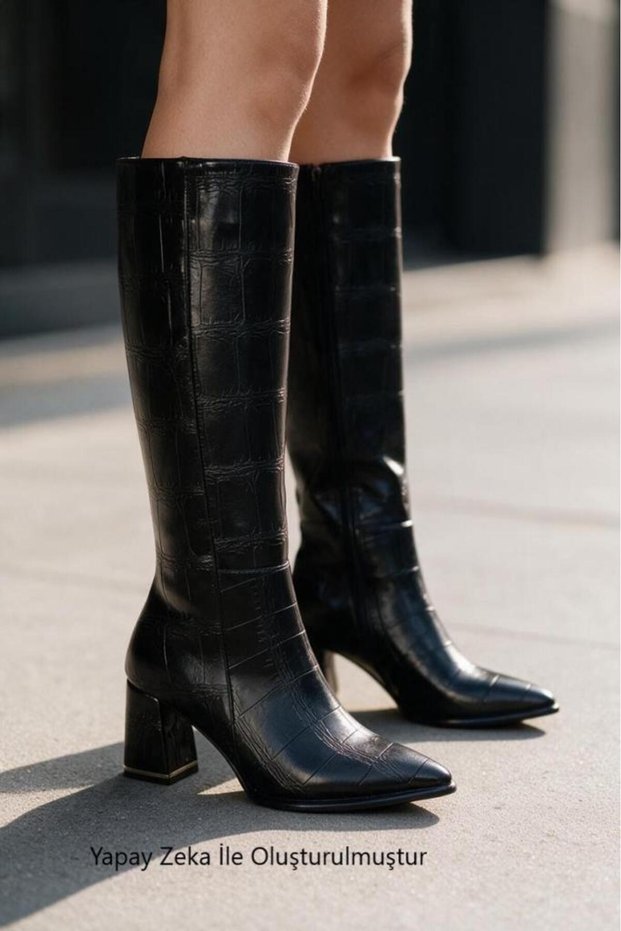 Women's Black Shiny 7cm Thick Heel 38cm Leg Length 29cm Calf Width Buckle Heeled Boots