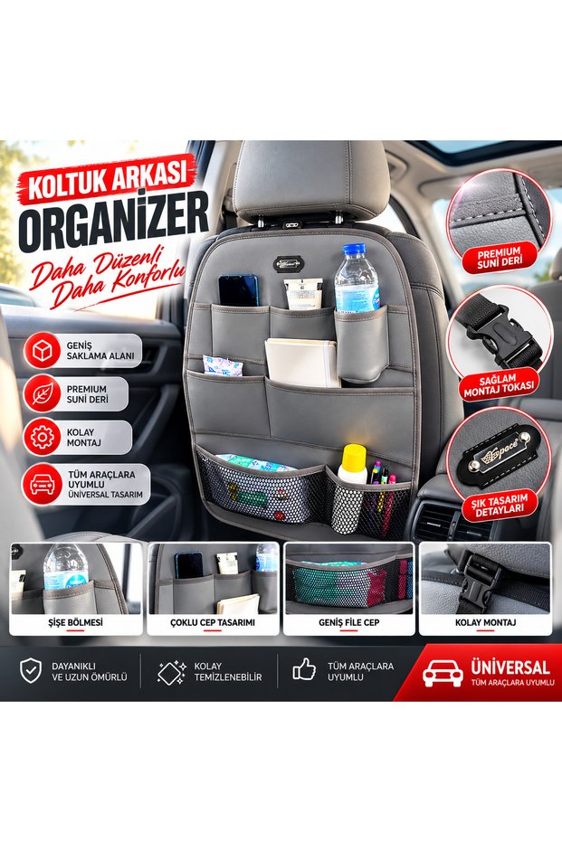 Premium Car Seat Back Organizer Protector Organizer Leather Multi-Pocket Functional In-Car Pocket Gray