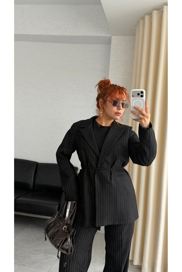 Premium Wool Effect Striped Blazer Jacket with Tie Detail - Loose Pants 2-Piece Set