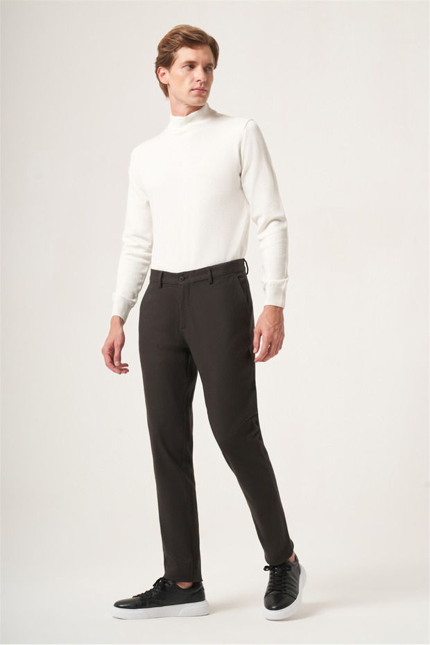 Khaki Side Pocket Textured Slim Fit Cotton Chino Trousers 1003265153