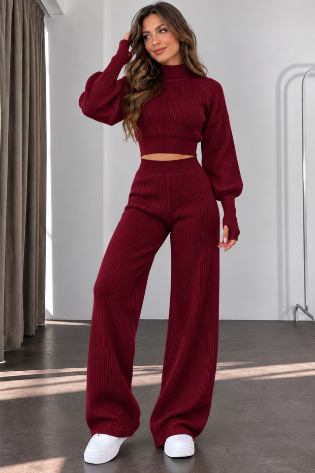 Women's Finger-Loop Ribbed Knitwear Set – Turtleneck Crop Sweater, High-Waisted Wide-Leg Pants, 2-Piece Knitted Set