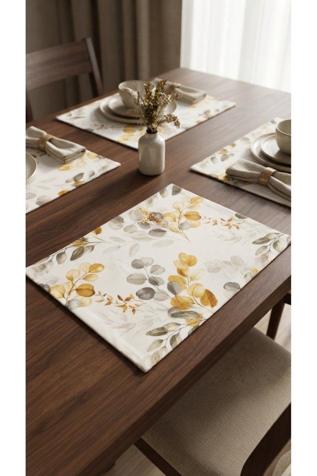 4-Piece Duck Fabric Placemat Set 33X44 cm – Eucalyptus Leaf and Branch Pattern, Stain-Resistant, Water-Resistant Decorative Placemat