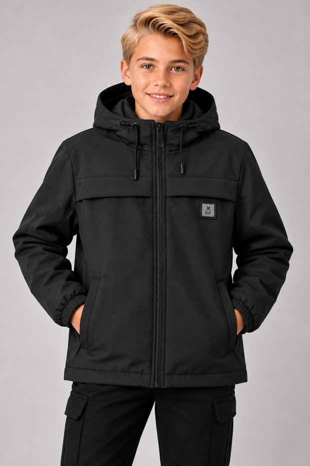 Boys' Hooded Zippered Stand Collar Water and Wind Resistant Embroidered Softshell Coat