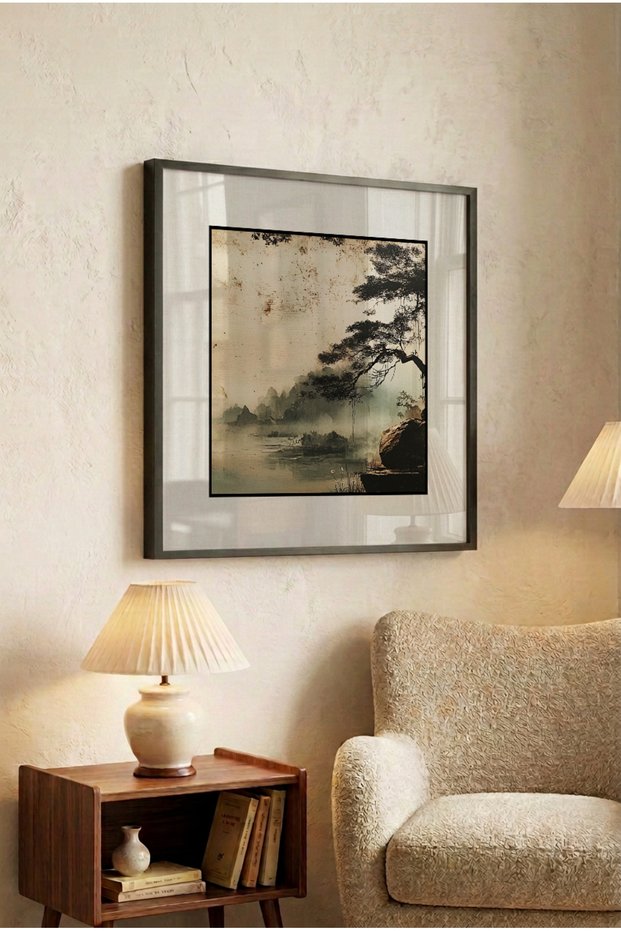 1 Piece Pvc Framed Black Wood Framed Far East Themed Foggy Pine Tree Square Wooden Painting - Home, Business and Office Decoration Painting