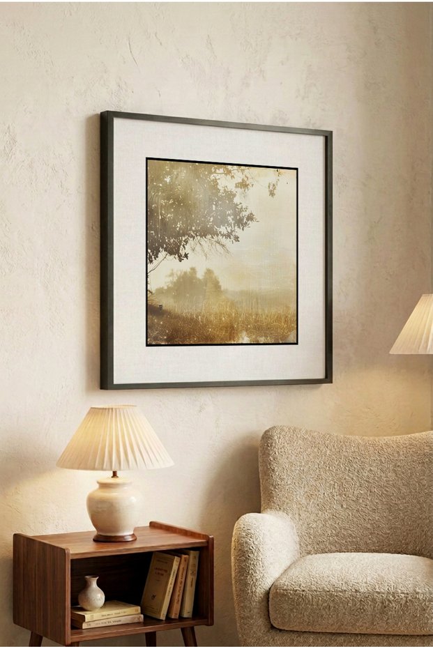 1 Piece Black Wooden Framed Autumn/Foggy Nature Themed Square Wooden Painting with Mat - Home, Business, and Office Decoration Painting
