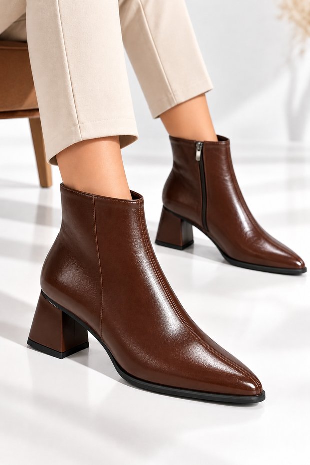 Brown Side Zipper Pointed Toe Women's Heeled Boots Nk1172