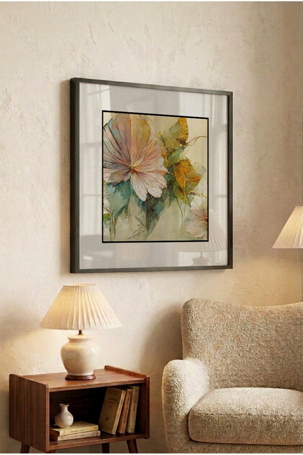 1 Piece Pvc Framed Black Wooden Frame Soft Pastel Floral Pattern Square Wooden Painting - Home, Business and Office Decoration Painting