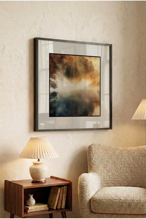 1 Piece Pvc Framed Black Wooden Framed Modern Abstract Lake Scenery Themed Square Wooden Painting with Mat - Home, Business and Office Decoration Painting