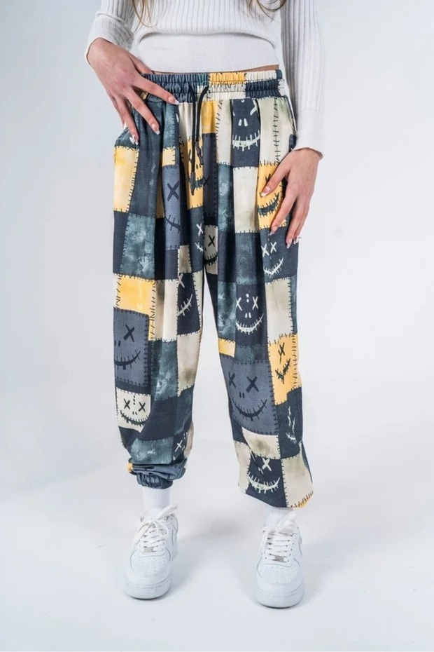 Unisex Smiling Face Patchwork Patterned Baggy Trousers Free Spirit, Ethnic Pattern, Unlimited Style!