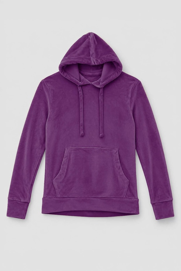 Women's Hooded Soft Velvet Textured Purple Sweatshirt with Pockets