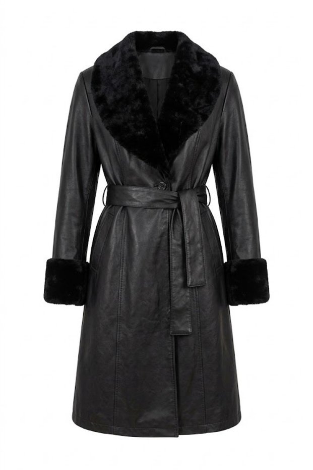 Fur Detailed Leather Trench Coat-Black Black