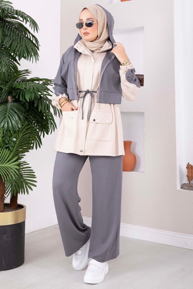 Zippered Garnished Hooded Double Set Gray