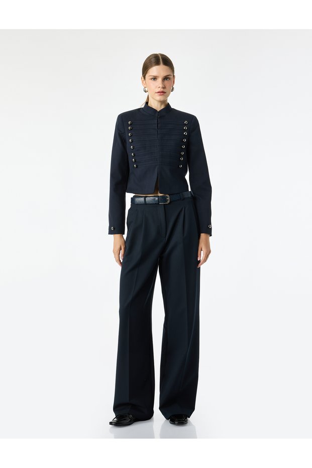 Women Navy Plain Mandarin Collar Long Sleeves Jacket