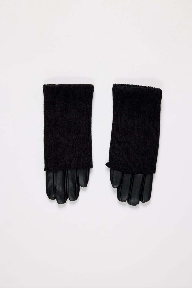 Women's Knitwear Cuffed Faux Leather Gloves