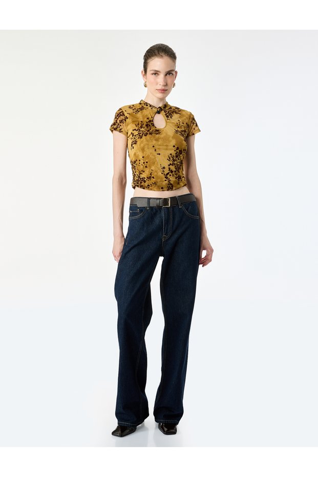Women Green Floral Mandarin Collar Short Sleeves Top
