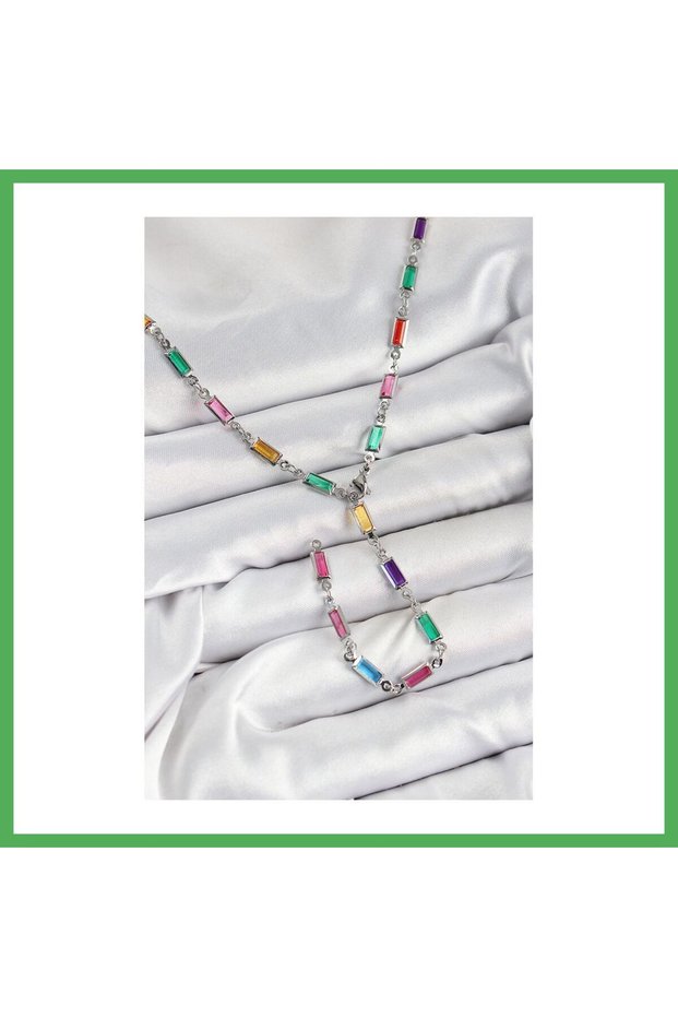 Brass Colorful Zircon Stone Rectangular Model Silver Color Women's Y Necklace Bezoss