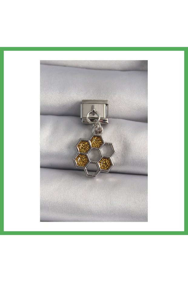 316L Steel Silver Color Dangle Glittering Honeycomb Model Nomination Charm Bezoss