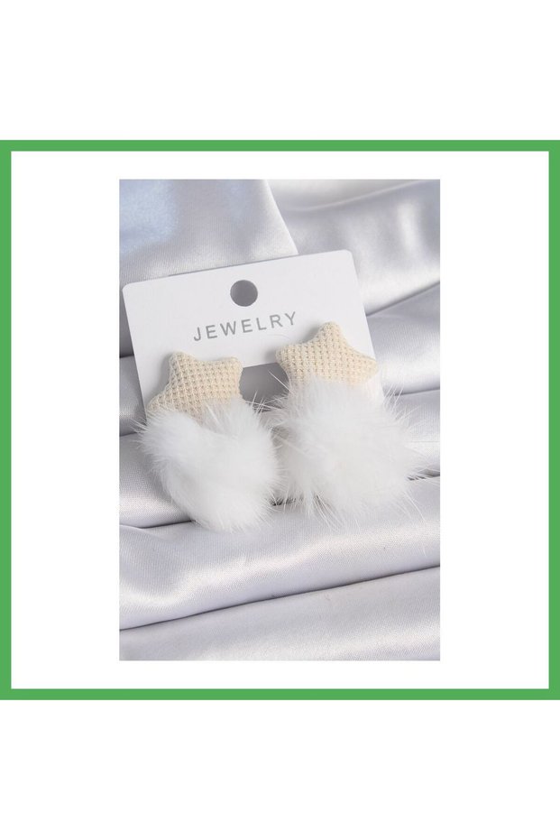 White Color Feathered Star Pompom Model Women's Earrings Bezoss