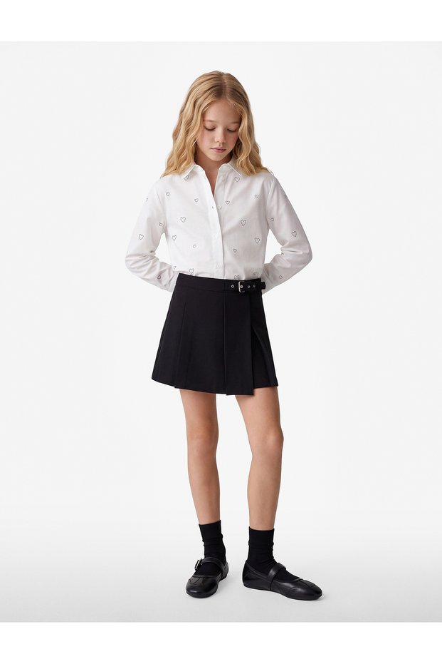 Girls White Geometric Embellished Collared Long Sleeves Shirt